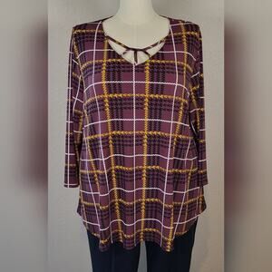 CATO Burgundy Windowpane Plaid Lattice Front Top - Plus Size 18/20W